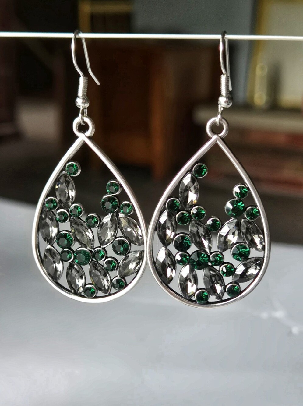 paparazzi Emerald & Smoke Teardrop Crystal Earrings - Picture 3 of 13